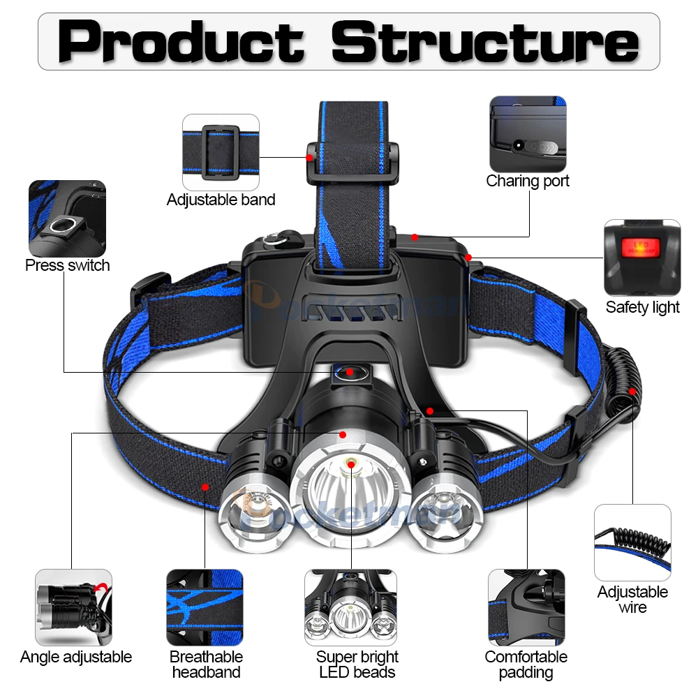 3LED датчик движения тела налобный фонарь яркий DC перезаряжаемый с