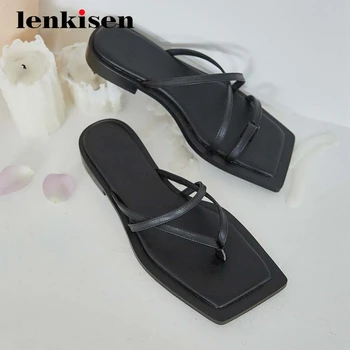 

Lenkisen leisure high quality design fashion real leather flip flop outside slipper square toe low heels slip on women shoes L03