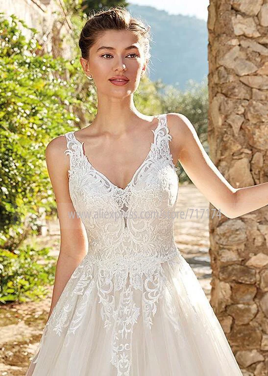 Vestido de noiva кружевное бра без рукавов с v-образным вырезом, Тюлевое свадебное платье трапециевидной формы с пуговицами, длина до пола, свадебное платье