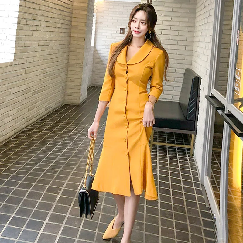 

2019 Spring Clothing New Style Women's Korean-style Retro Elegant V-neck Slim Fit Single-Breasted Sheath Flounced Dress