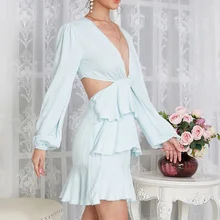 

2021 Women's Summer New Temperament Dress Sexy Hollow High Waist Deep V-neck Slim Slim Elegant Cake Zipper Dress Women Clothing