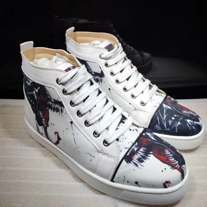 

2019 new high quality men women high top sneakers Luxury red bottom Graffiti Printing Lace-up leather men women casual shoes