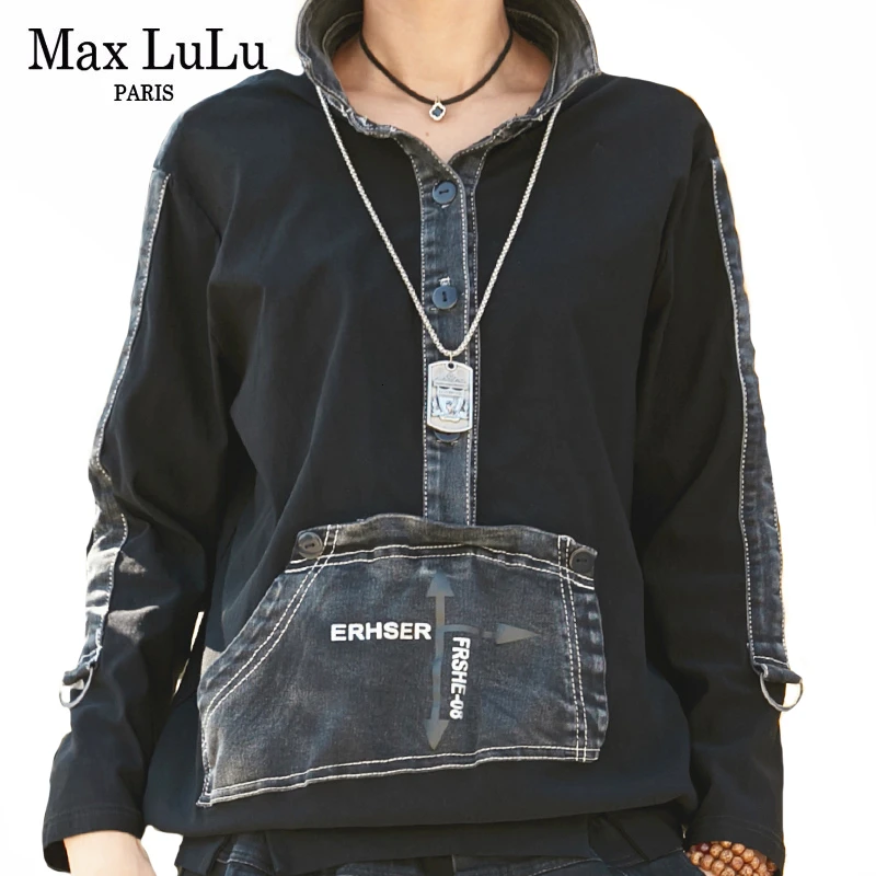 Max LuLu, новинка, модные корейские женские готические топы, джинсовые блузки, женские черные джинсовые рубашки, винтажная уличная одежда с принтом размера плюс