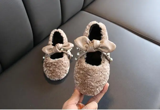 Children's flannel cotton Shoes With Bow Fashion Princess Shoes For Baby girls Toddler Winter Warm shoes Size 21-36