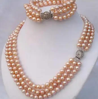 

Free shipping new hot 3Rows 7-8mm Pink Akoya Pearl Necklace Bracelet Set