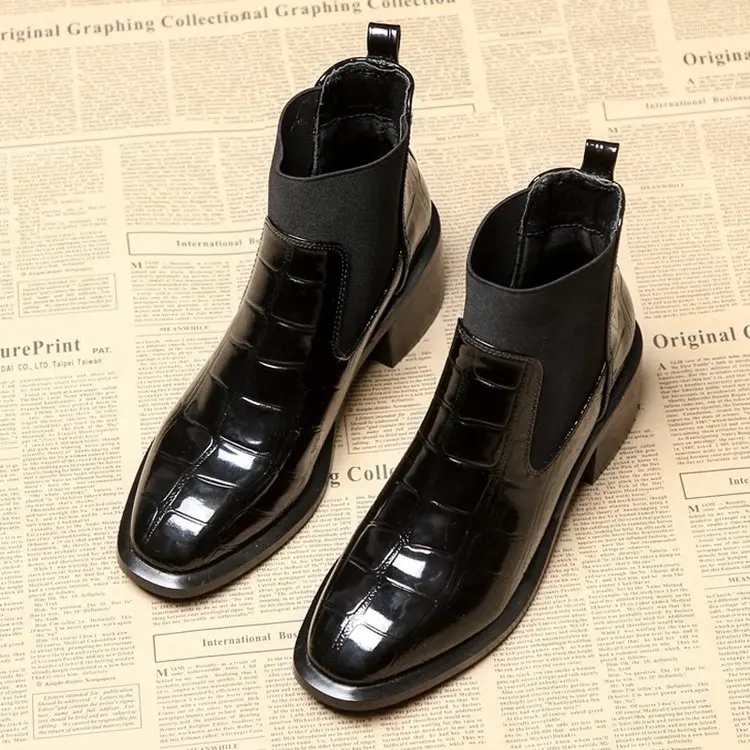 Hee grand/женские ботинки из блестящей кожи с квадратным носком; эластичные ботинки без застежки на среднем каблуке; короткие ботильоны; Туфли-лодочки; ботинки; XWX7517