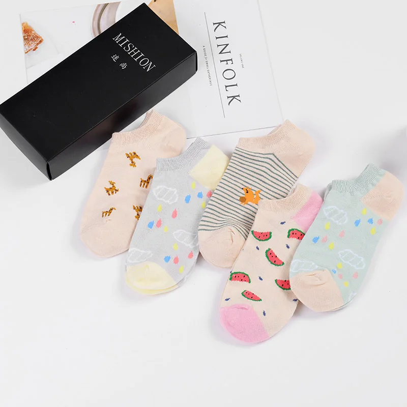 Fruit box Забавные животные узорные женские короткие носки 5 пар милые мультфильм Ulzzang Хлопок лодыжки дышащие женские Harajuku Cool Sox - Цвет: Fruit box