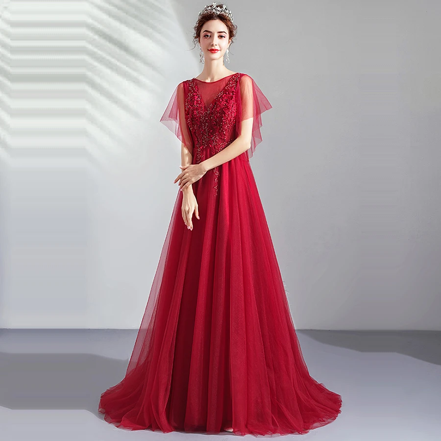 Вечернее платье, короткий рукав, длина до пола, Robe De Soiree, круглый вырез, открытая спина, шнуровка, женское вечернее платье с жемчугом E176