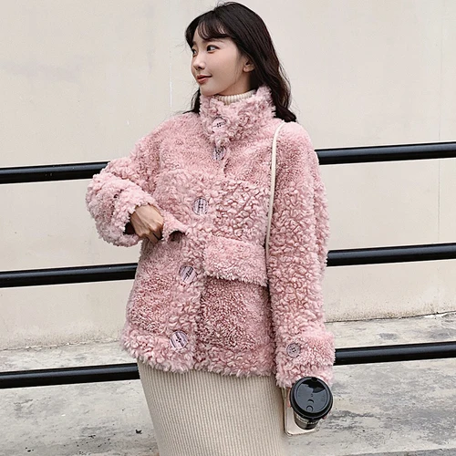 Pink tcyeek Sheep Shearling Real Fur Coat Winter Jacket Women Wool Coats and Jackets Women Clothes Korean Long Jacket W2135 - Цвет: Pink