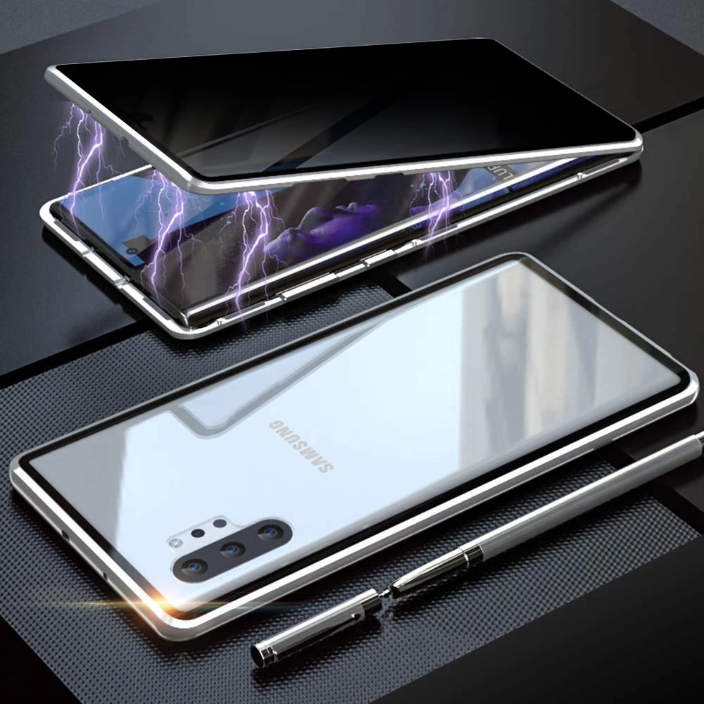 Двойное закаленное стекло чехол для samsung Galaxy Note 10 S10 S8 S9 Plus S10e Note 9 8 Противоскользящий магнитный металлический бампер - Цвет: Серебристый