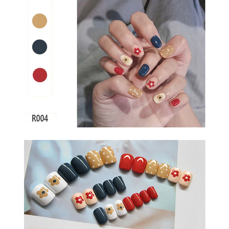 

High Quality Fashion Style Wearable press on nails short Waterproof 24 Pieces Boxed Fake Nails Finished Nail Patch with Glue T
