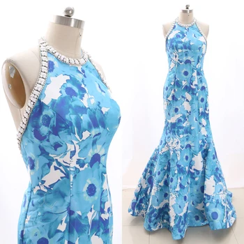 

MACloth Multi Mermaid Halter Floor-Length Long Crystal Satin Prom Dresses Dress L 268652 Clearance