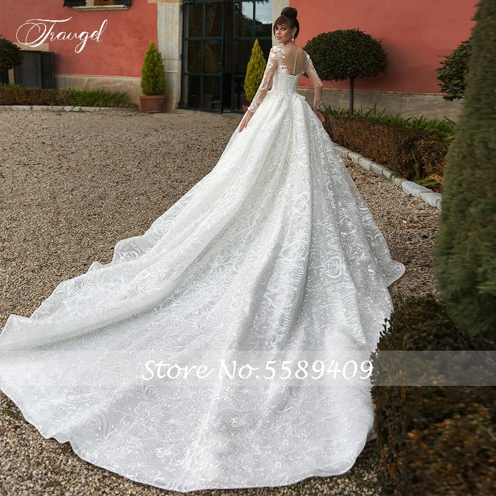 Customized Luxury Long Sleeve Flower Lace Vintage Wedding Dresses Elegant Scoop Neck Applique Beades Cathedral Train Bridal Gown 2