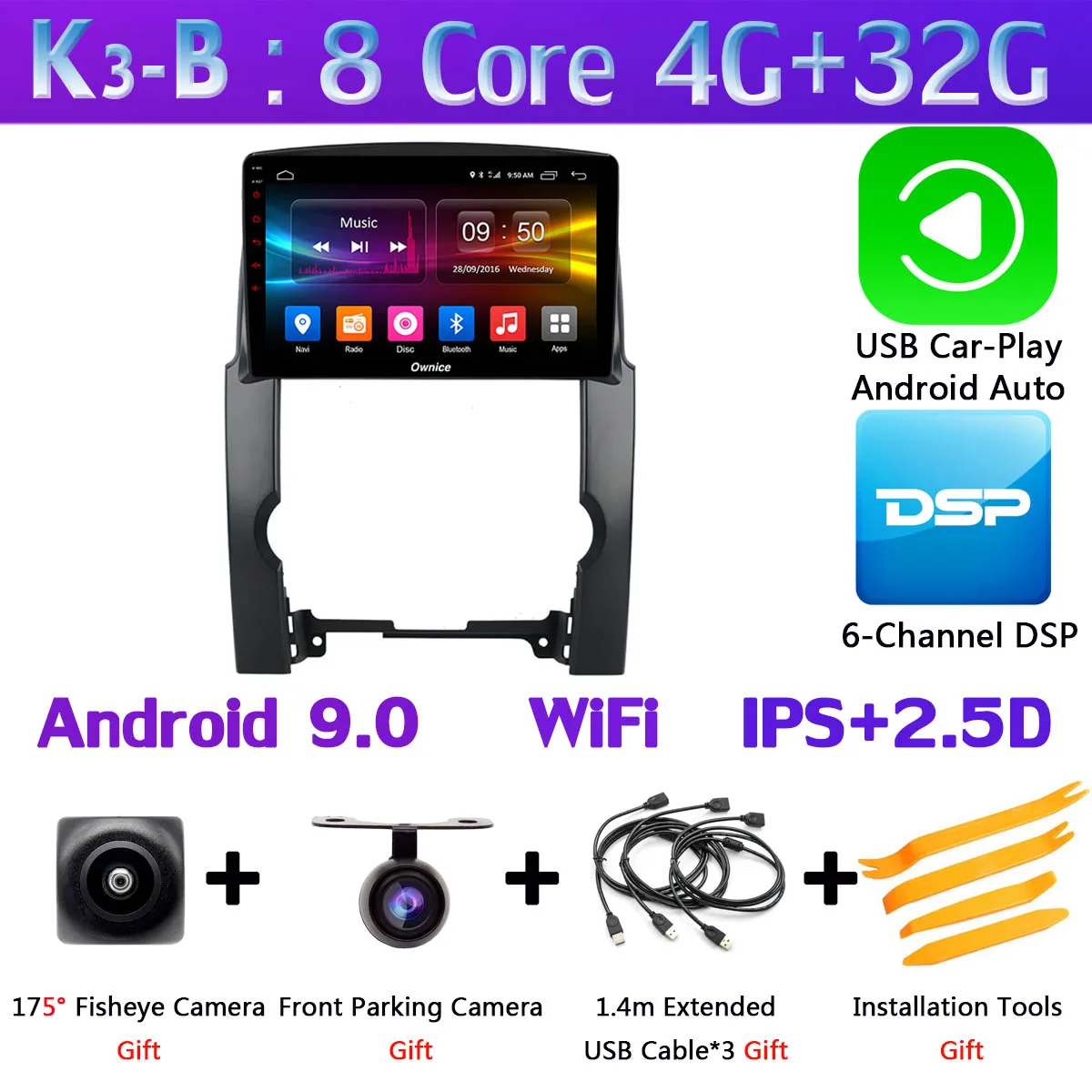 360 ° 4* AHD камера 4G LTE Android 9,0 8 ядерный 4G+ 64G SPDIF DSP CarPlay Автомобильный gps радио для KIA Sorento 2009 2010 2011 2012 2013 - Цвет: K3-B-CarPlay
