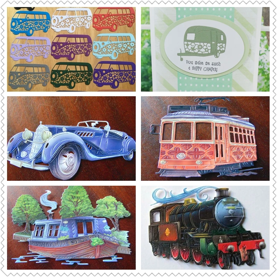 

Popular Classical Vehicles Bus Tram Steam Train 6 Pieces Metal Cutting Dies For DIY Scrapbooking Album Cards Embossing Dies Cut