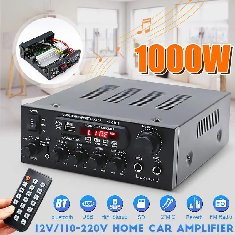 1000W Home Amplifiers Audio Bass Audio Power Bluetooth Digital Amplifier Hifi FM USB SD LED for Subwoofer Speakers 110V 220V