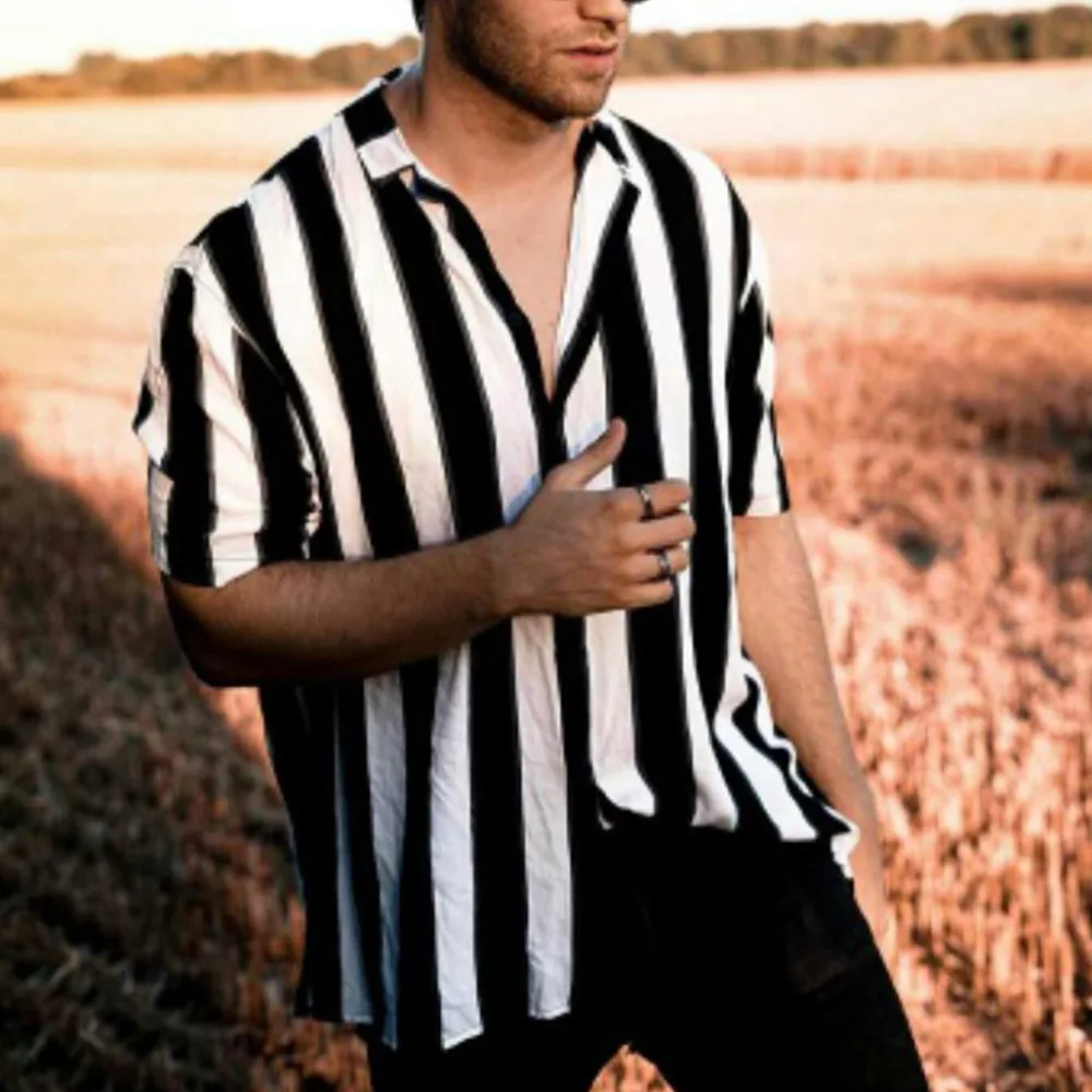 Men's Shirts Cotton Baggy Striped Short Sleeve Button Turn-down Collar Beach Shirts Fashion Streetwear Plus Size