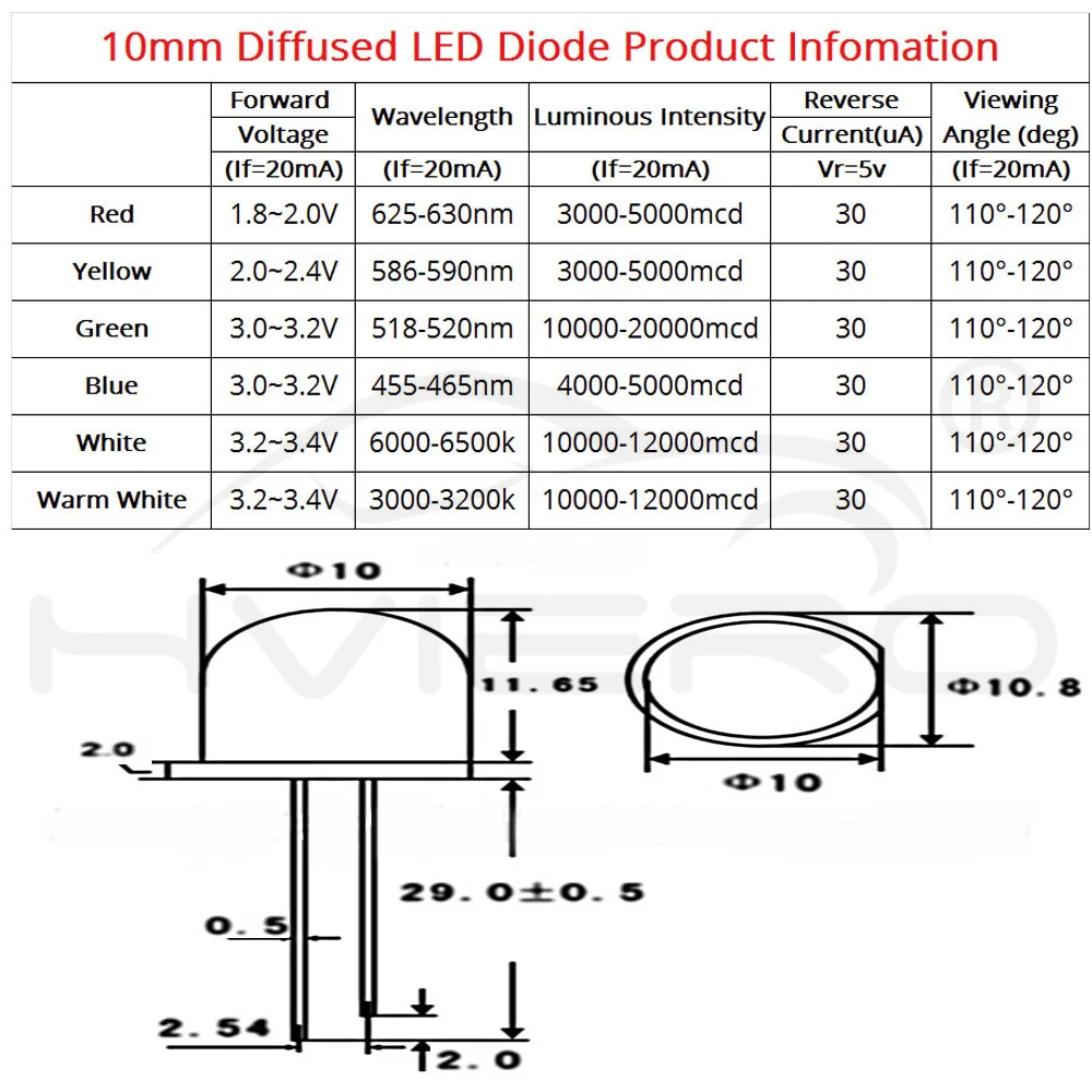 Hviero White Red Green Blue Yellow 10mm Diode Lamp Ultra Bright Diffused 5-6V 8000MCD 1.9~3.4V Emitting diodes LED Bulb Light