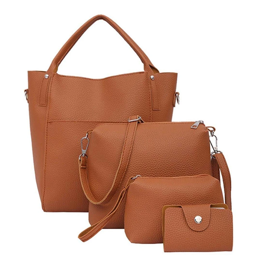

NEW-Women Four Set Handbag Shoulder Bags Four Pieces Tote Bag Crossbody Wallet Brown
