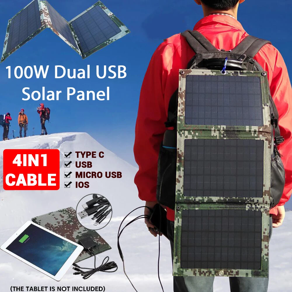Panel Solar plegable para exteriores, cargador de batería móvil con Cable 4 en 1, 100W, USB Dual, resistente al agua