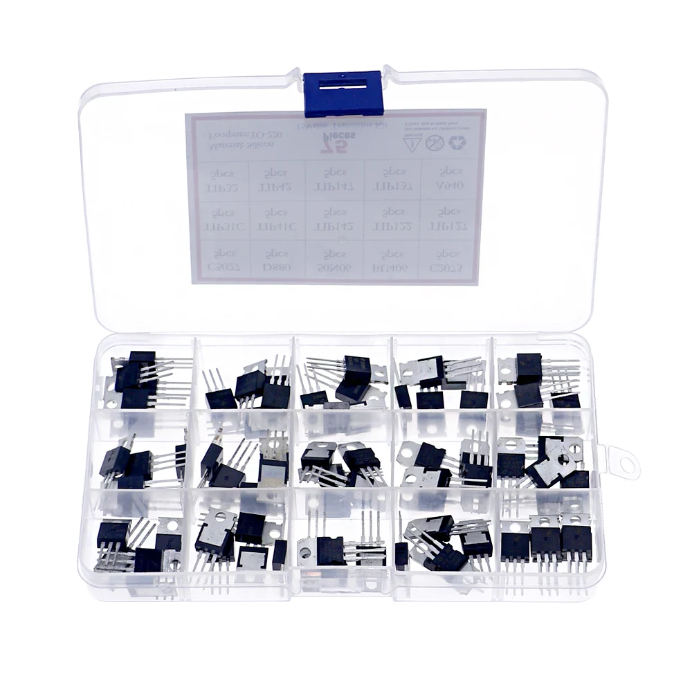 

Набор транзисторов TO-220, 75 шт., 15 видов, C5025, D880, 50N06, BU406, C2073, TIP31, TIP32, TIP41, TIP42, TIP142, TIP122, TIP127, TIP137, TIP147, A940