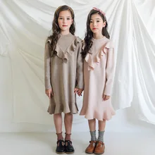 Осенне-зимний свитер в Корейском стиле для девочек модное вязаное платье с длинными рукавами одежда для девочек От 5 до 14 лет подростков