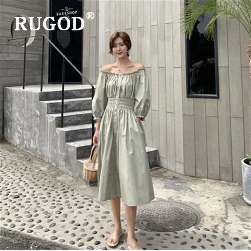 RUGOD/ богемное летнее платье женское однотонное платье с вырезом лодочкой и высокой талией, три четверти, платья-рубашки, повседневные женские платья