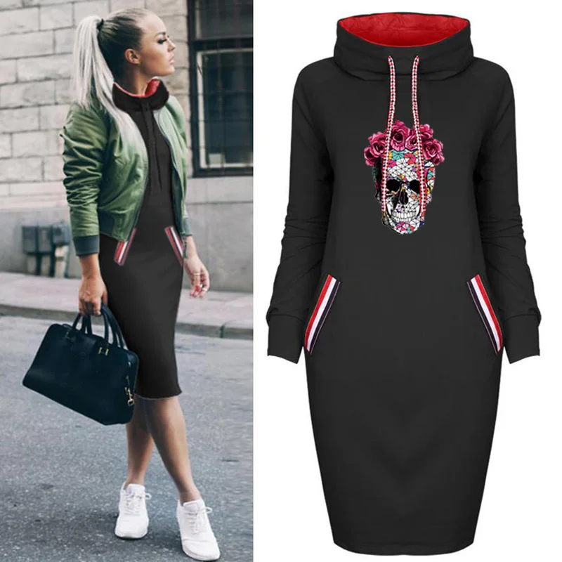 

Plus Size Skull Print Women Dress Package Hip Autumn Winter Long Sleeve Turtleneck Drawstring Pocket Bodycon Dresses Vestidos