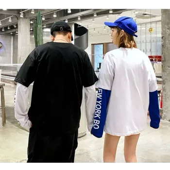 

fake two-piece long-sleeved t shirt women tshirt Harajuku tops t-shirt hip hop oversized couple top new o-neck Koreanwomens tees