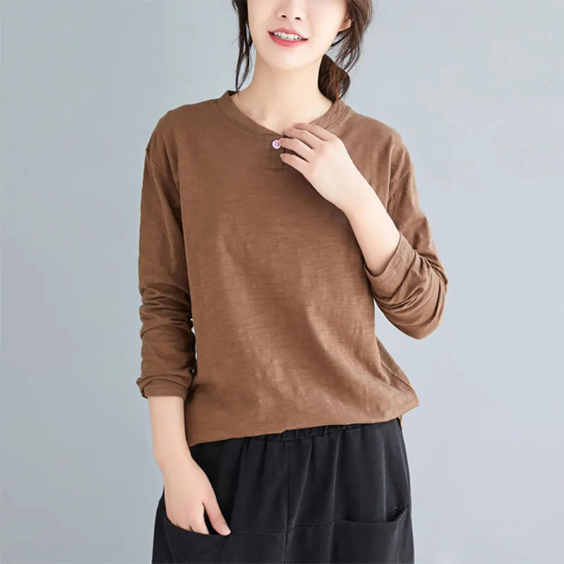 DIMANAF 2020 Plus Size T-Shirt Women Autumn Tops Long Sleeve Loose Casual Style Vintage Soft Cotton Show Thin New Elegant Tees