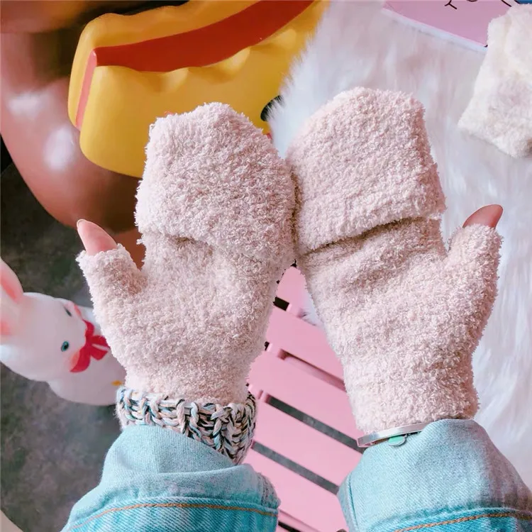 Однотонные плюшевые перчатки, зимние, для взрослых, теплые, студенческие, половина пальца, складные, женские, вязаные перчатки, японский и корейский стиль