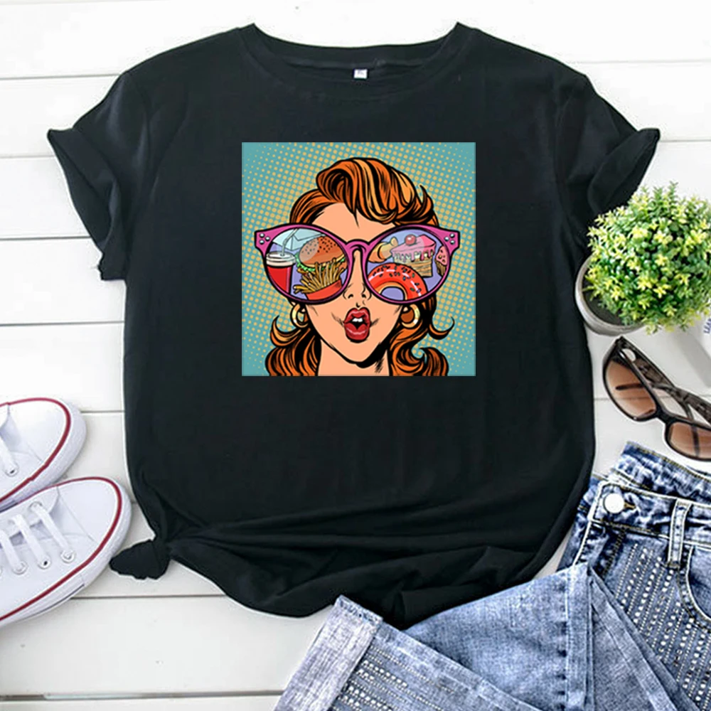 T-Shirt Pop Style Glasses Girl Funny Printing T Shirts For Woman Oversized Fashion Tee Shirts Casual Kawaii Women'S T-Shirts