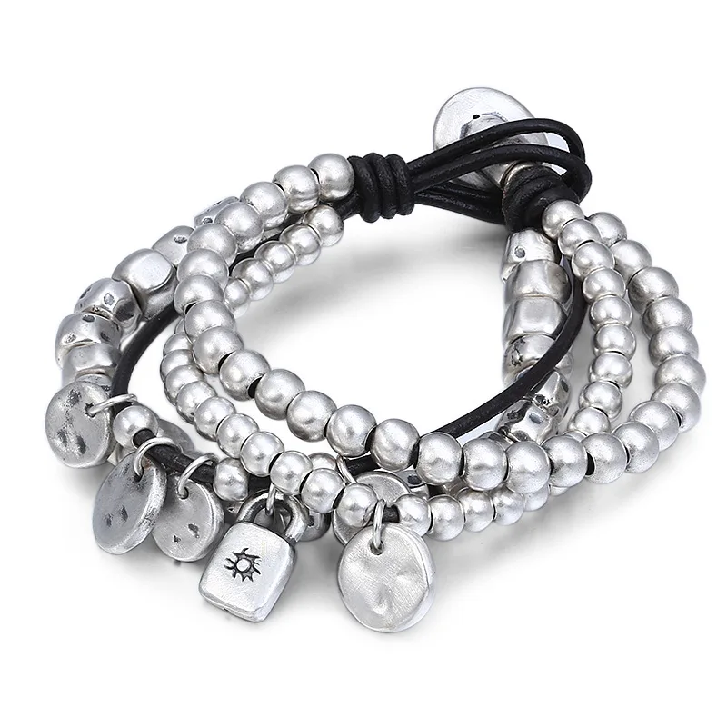Креативный 3D Жесткий Серебряный Многослойный кожаный браслет с веревочкой, браслеты с подвесками, браслет, серебро 999 пробы, женский, мужской браслет, еврей - Окраска металла: Bracelet