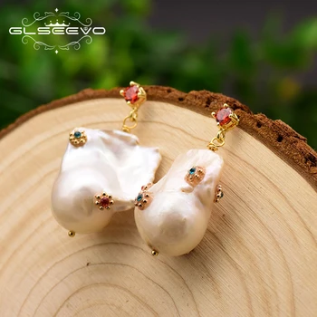 

GLSEEVO Natural Fresh Water Baroque Big Pearl Drop Earrings For Women Wedding Handmade Earrings Fine Jewelry Bijoux Femme GE0715