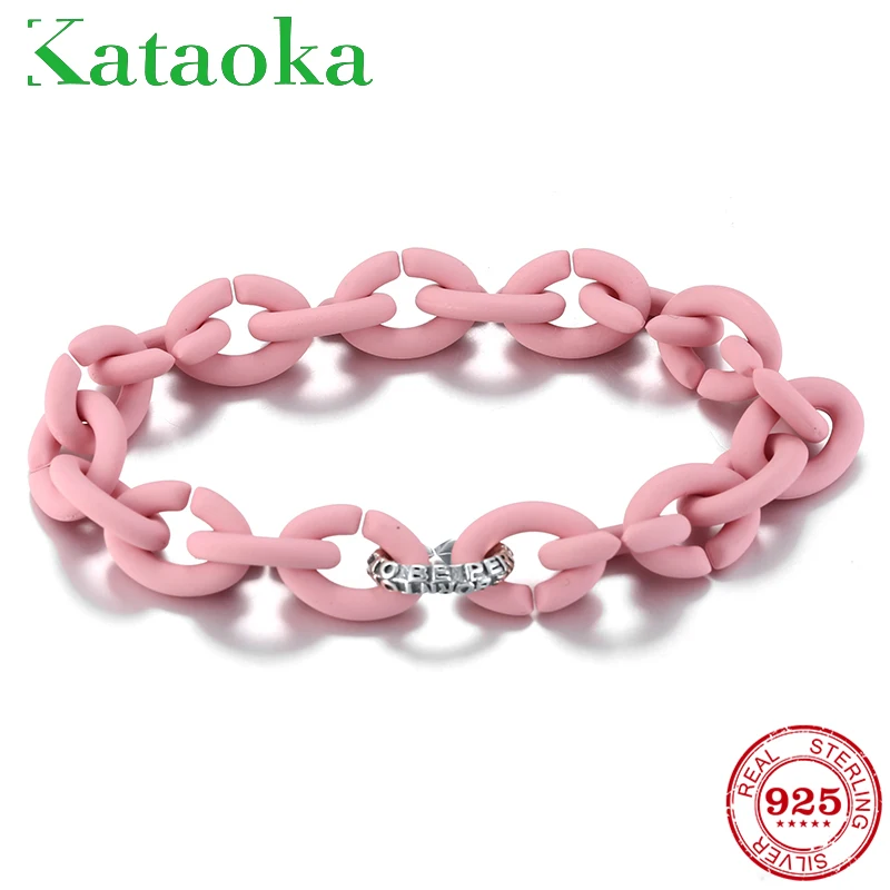 Fashion pink Hard Rubber Bracelets 925 Silver Inspirational quotes bead For Women Jewellery European style Bracelet Men Jewelry