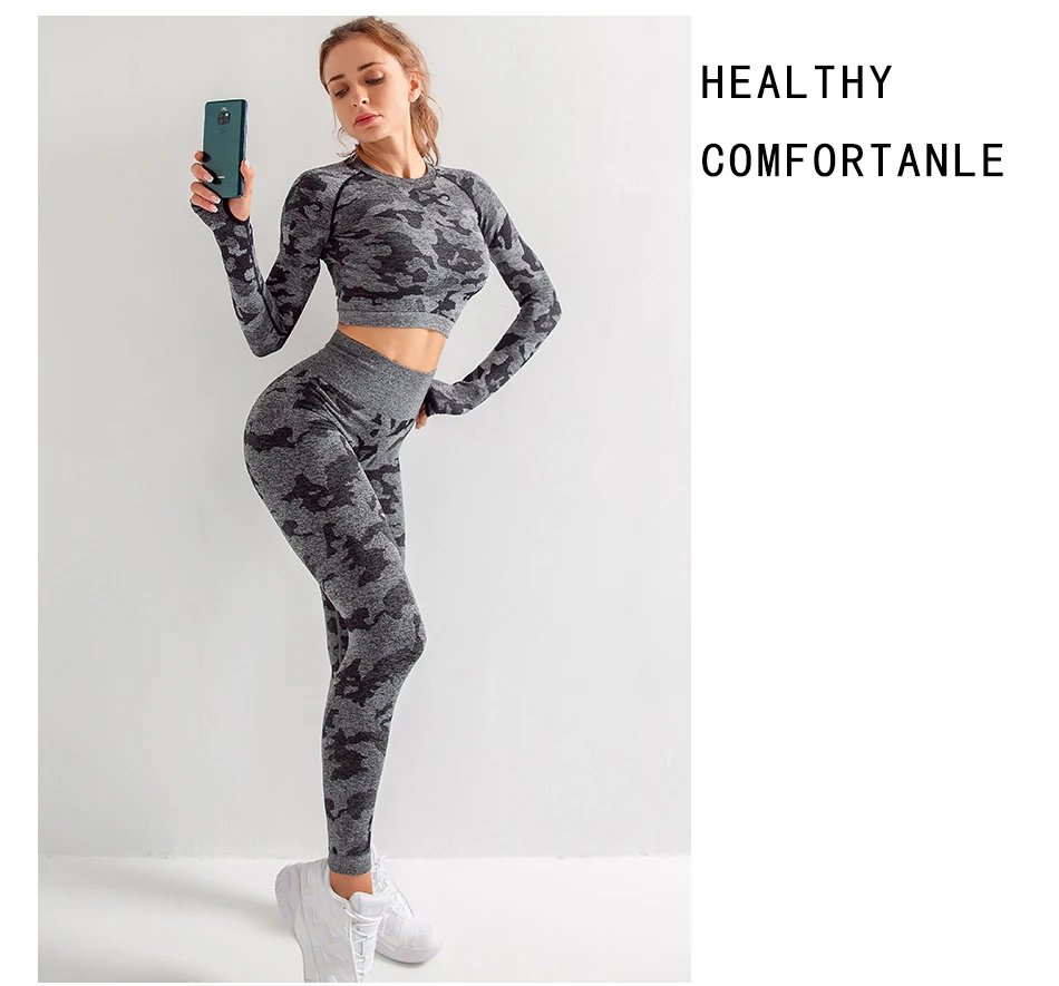 Yoga Set Women's Seamless Camouflage Suit High Stretch Slim Fitness Yoga 2 Piece Leggings+ Short Shirt Training Running