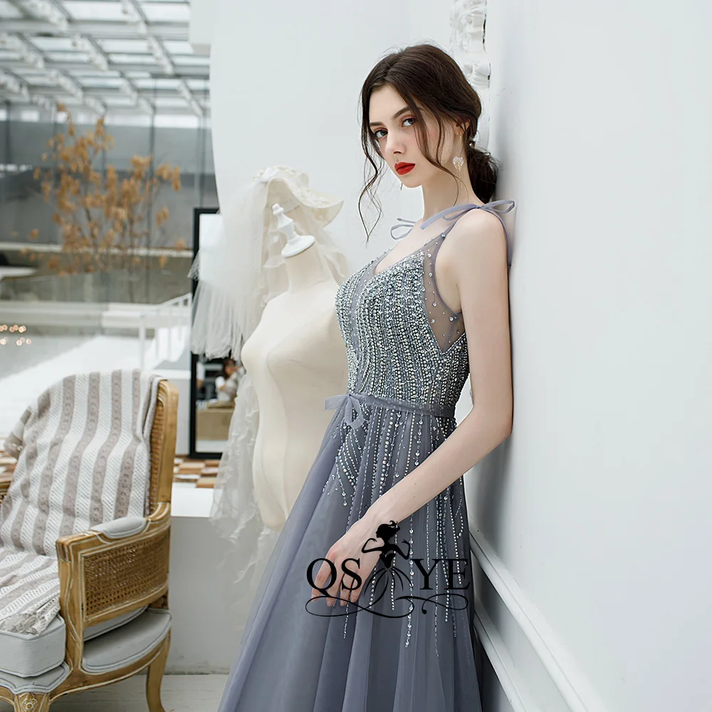 QSYYE ever pretty длинные платья для выпускного вечера тюль v-образным вырезом vestidos largos украшенное бисером с длиной до пола вечернее платье вечерние платья
