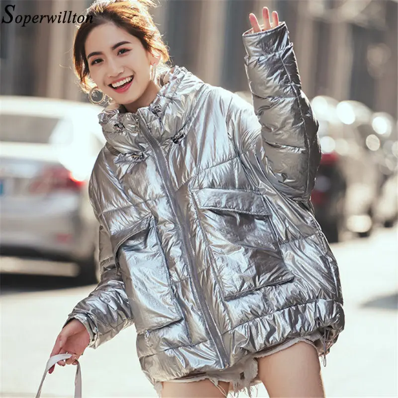 Зимняя куртка женская белая пуховая куртка короткая парка Свободная верхняя одежда с длинным рукавом женская теплая Модная Корейская Abrigos Mujer - Цвет: silvery