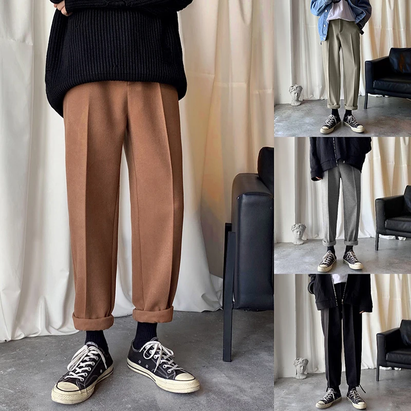 Зимние шерстяные брюки мужские модные однотонные повседневные плотные брюки мужские уличные свободные прямые брюки в стиле хип-хоп