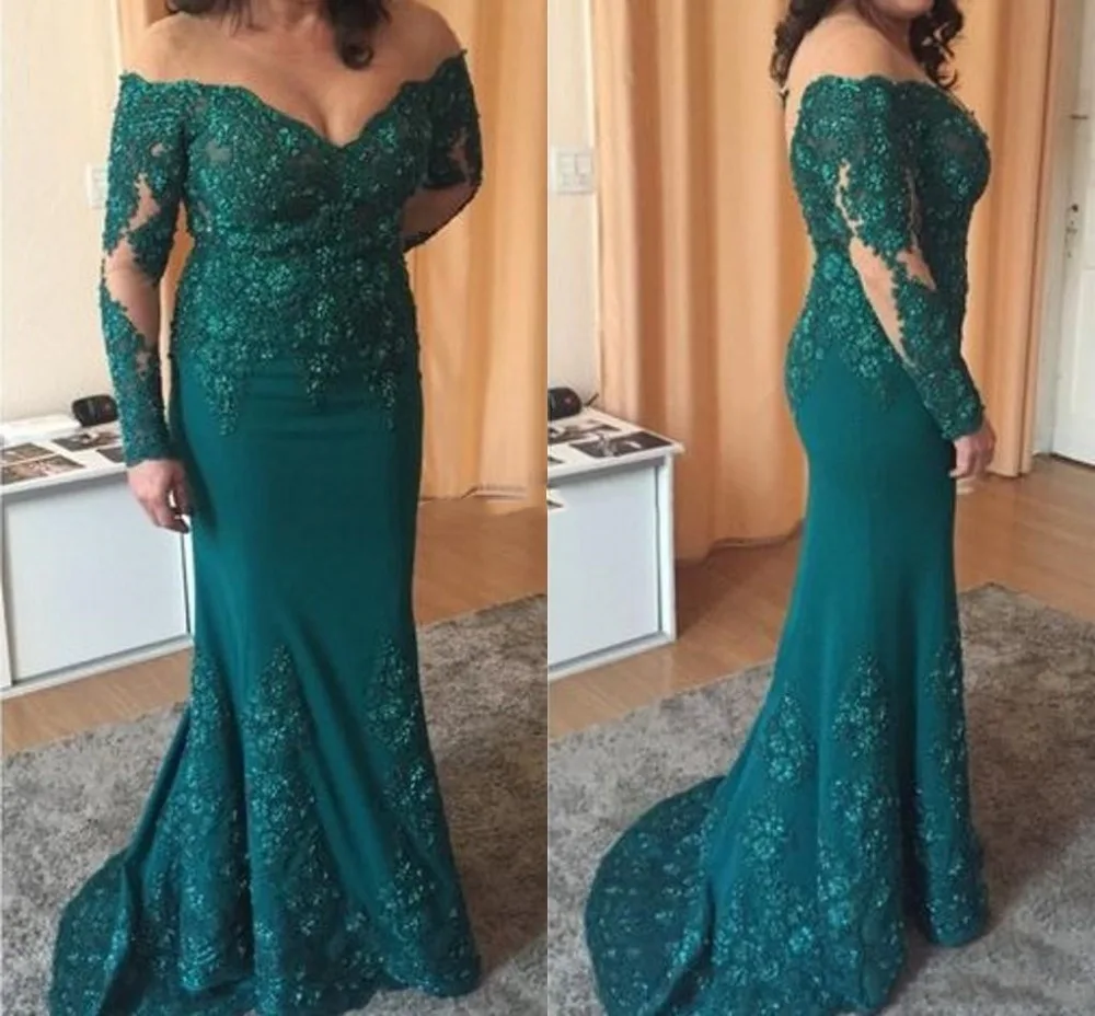 Groene Plus Mermaid Moeder Van De Bruid Jurken Uit de Schouder Lange Mouwen Applicaties Kralen Vrouwen Bruiloften vestido de madrinha Groene Plus Mermaid Moeder Van De Bruid Jurken Uit de Schouder Lange Mouwen Applicaties Kralen Vrouwen Bruiloften vestido de madrinha