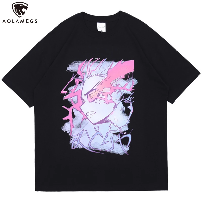 

Aolamegs T-Shirt Men Japanese Kanji Cartoon Print T shirts Streetwear Oversize Tee Hip Hop Short Sleeve Summer Fashion Tops Tees