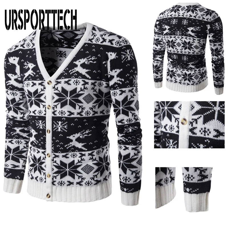 Fashion Christmas Sweater Men Autumn Winter Warm Printed Single-breasted Knit Cardigan Casual Stand Collar Mens Cardigan Sweater