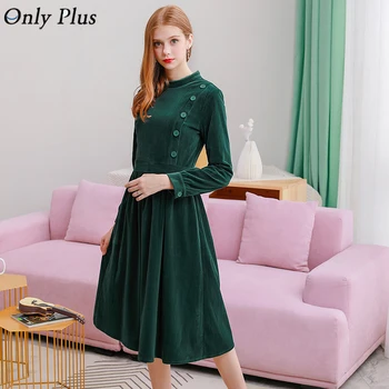 

Only Plus Winter Velvet Dress Vintage Elegant Slim A-Line Women Party Long Dresses Button Style Warm Female Green Vestidos
