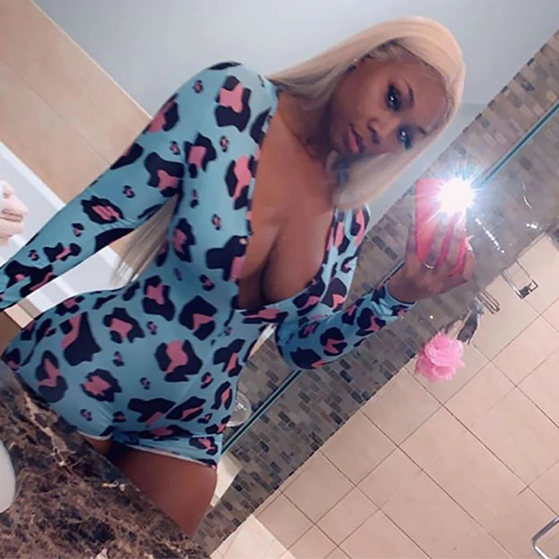 OMSJ 2020 Rompers Women Sleepwear Sky Blue Leopard Print Long Sleeve Short Jumpsuit Sexy Onesie For Adult Female Nightwear S-3XL