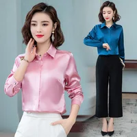 Elegant Office Ladies Work Shirt Women Blouse Long Sleeve Lapel Hidden Buttons Bright Basic Satin Silk Women Shirt Female Tops 1