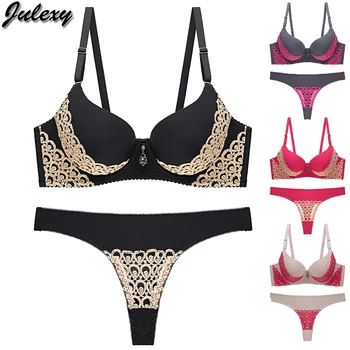 

Julexy New 2020 sexy thongs push up bra set for women solid nylon hollow out women underwear bra and panty set