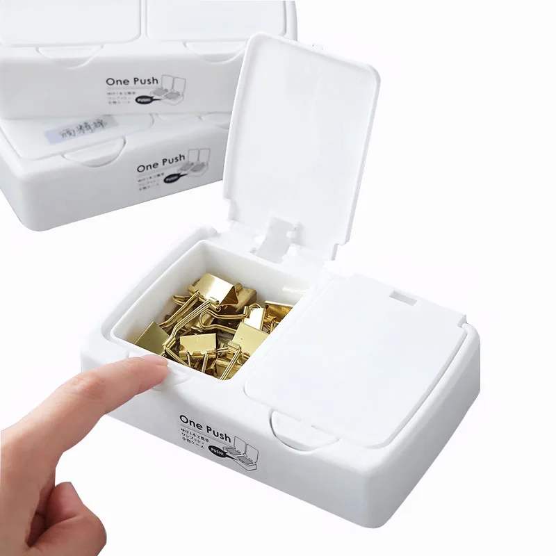 

1pc creative push button type storage box multifunction desktop storage case with cover simple practical double lattice box new