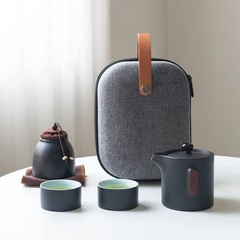 

LUWU black crockery teapot with 2 cups portable travel tea set