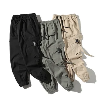 

Wholesale 2020 Spring Autumn new Japanese wind Solid men multi pocket casual overalls loose beam feet tactical Track sweatpants