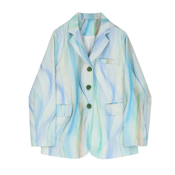 

sharezz 2020 Spring Autumn Women Blue Print Temperament Short Blazer New Lapel Long Sleeve Loose Fit Jacket Fashion Tide coat